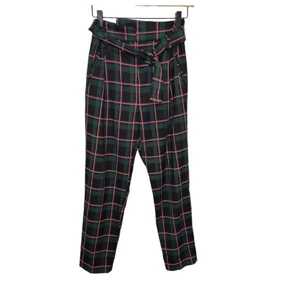 Topshop Plaid Check Paperbag Waist Belted Trouser Size 4 - Picture 3 of 13